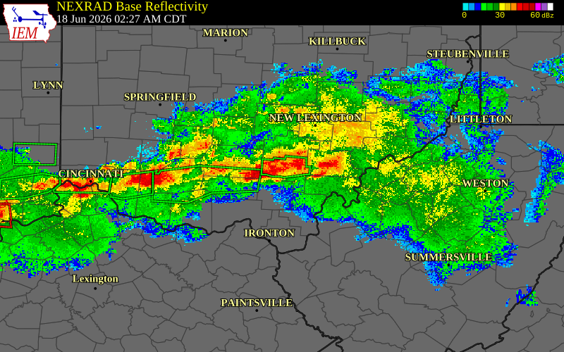 Radar snapshot during the Jun 18, 2026 wind event near Vinton County, Vinton County, Ohio, with NWS warning polygons