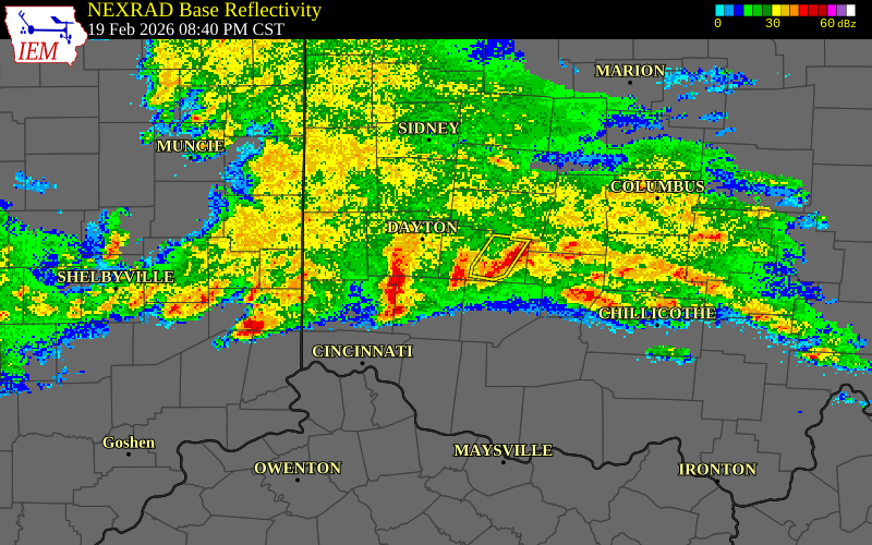 NEXRAD radar during the Thursday, February 19, 2026 storm activity in Warren County, Ohio
