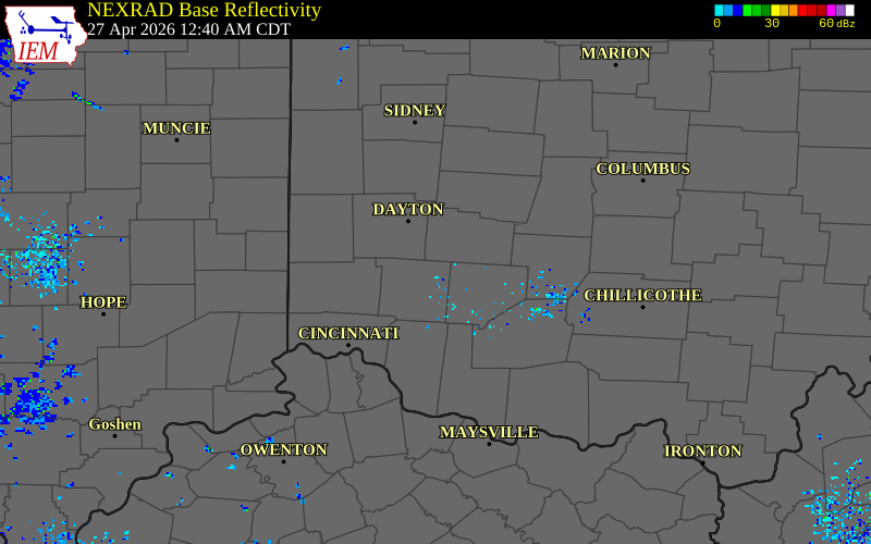 NEXRAD radar during the Monday, April 27, 2026 storm activity in Warren County, Ohio