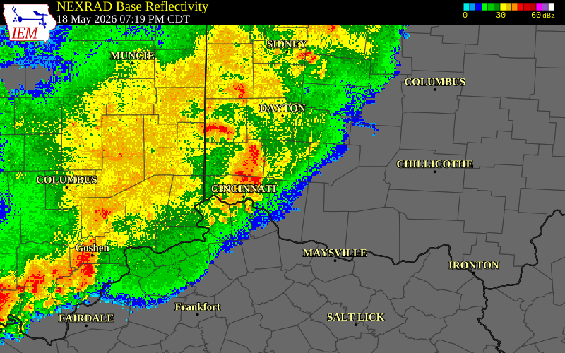 NEXRAD radar during the Monday, May 18, 2026 storm activity in Warren County, Ohio