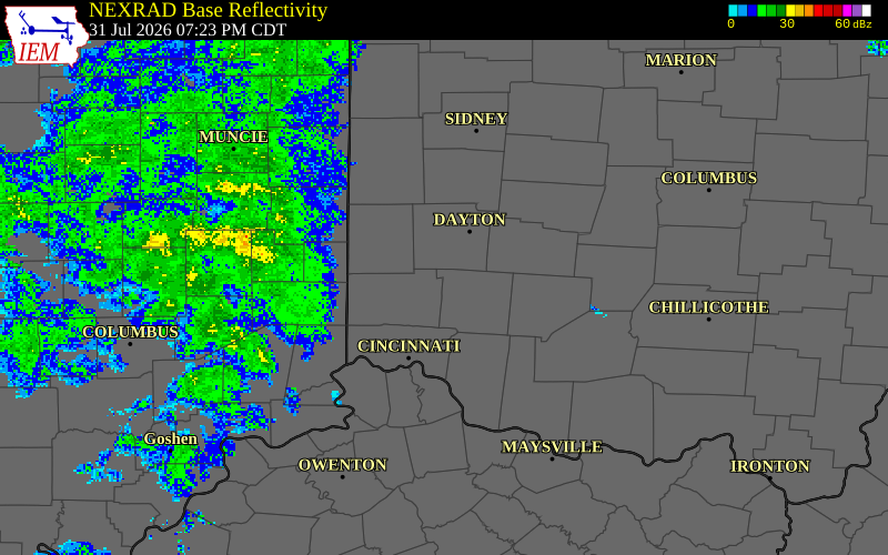 NEXRAD radar during the Friday, July 31, 2026 storm activity in Warren County, Ohio