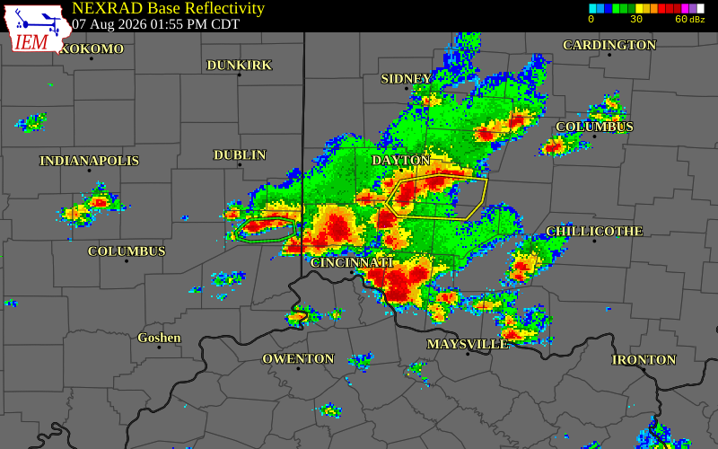 NEXRAD radar during the Friday, August 7, 2026 storm activity in Warren County, Ohio