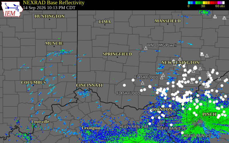 Current NEXRAD radar over Warren County, Ohio with recent storm report locations
