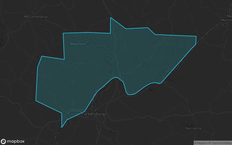 Map of Washington County, Ohio showing the county boundary and surrounding cities