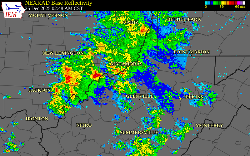 NEXRAD radar during the Thursday, December 25, 2025 storm activity in Washington County, Ohio