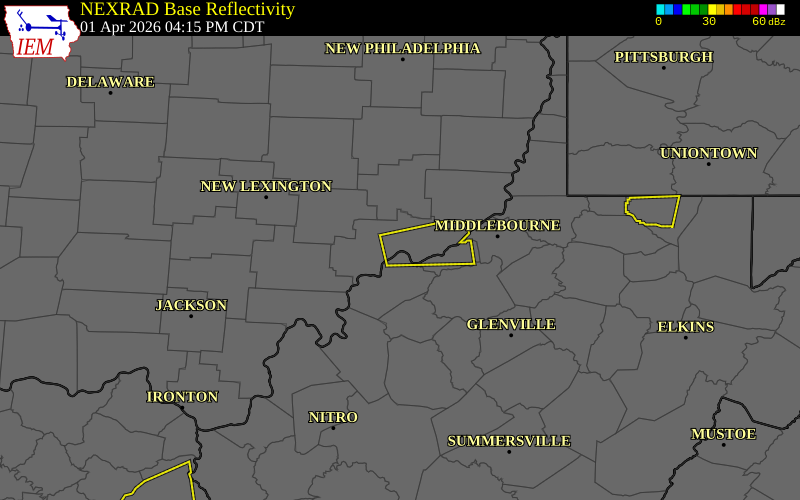 NEXRAD radar during the Wednesday, April 1, 2026 storm activity in Washington County, Ohio