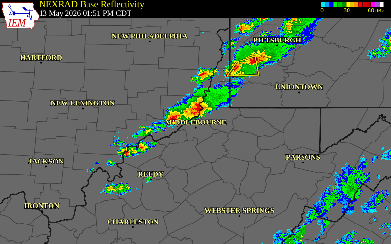 NEXRAD radar during the Wednesday, May 13, 2026 storm activity in Washington County, Ohio