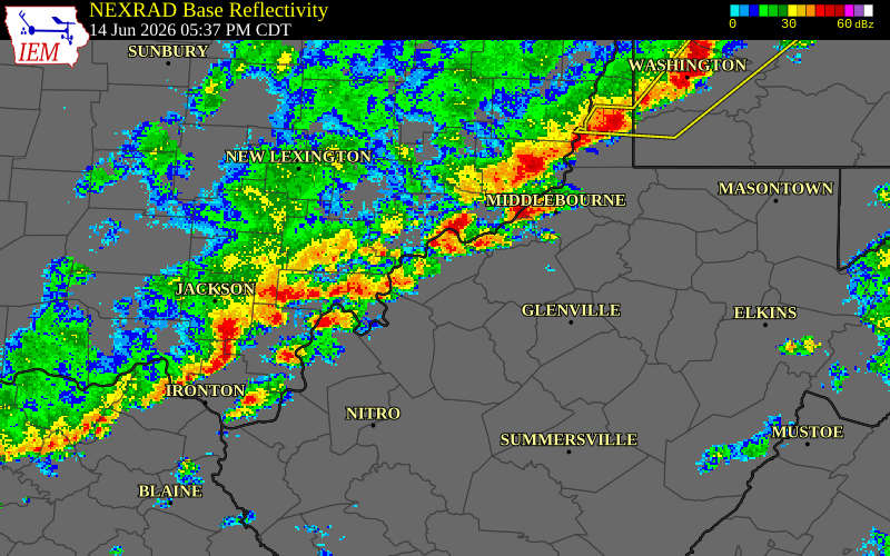 NEXRAD radar during the Sunday, June 14, 2026 storm activity in Washington County, Ohio
