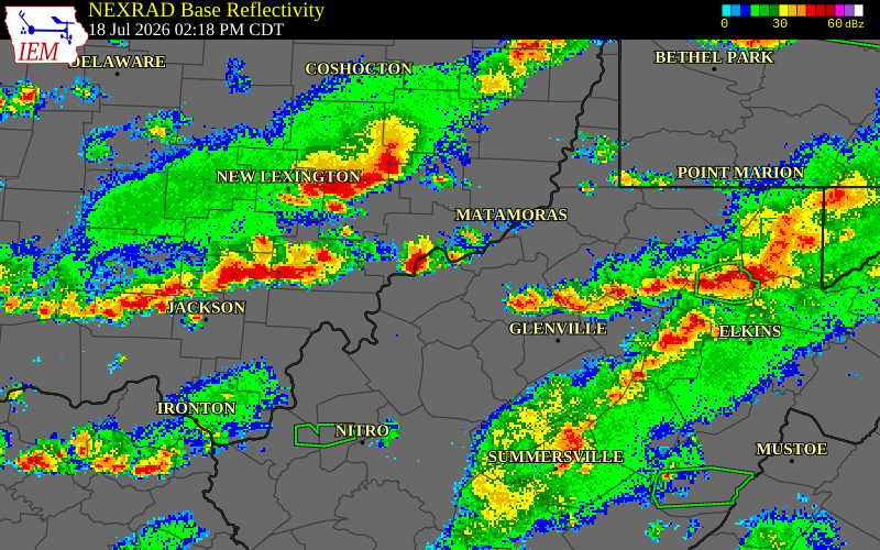 NEXRAD radar during the Saturday, July 18, 2026 storm activity in Washington County, Ohio
