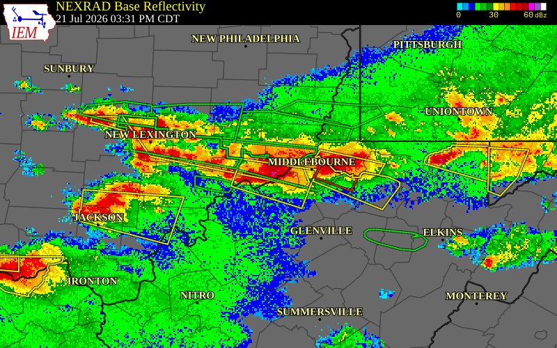 NEXRAD radar during the Tuesday, July 21, 2026 storm activity in Washington County, Ohio