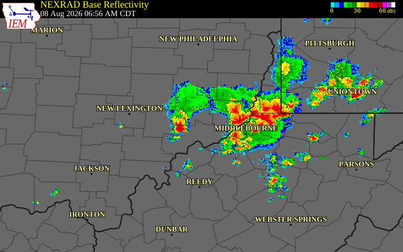 NEXRAD radar during the Saturday, August 8, 2026 storm activity in Washington County, Ohio