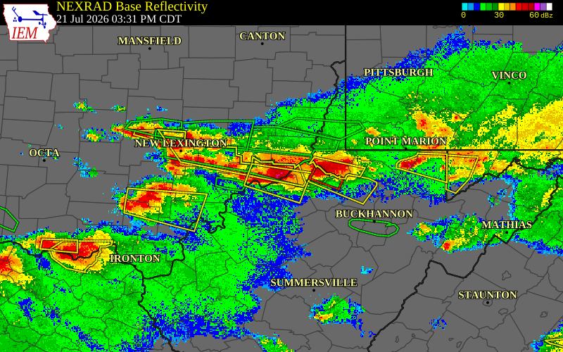 Radar snapshot during the Jul 21, 2026 tornado event near 7 SW Matamoras, Washington County, Ohio, with NWS warning polygons