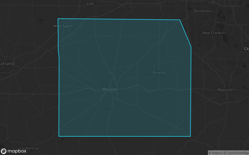 Map of Wayne County, Ohio showing the county boundary and surrounding cities