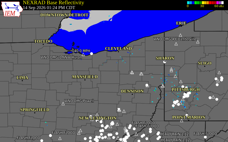 Current NEXRAD radar over Wayne County, Ohio with recent storm report locations