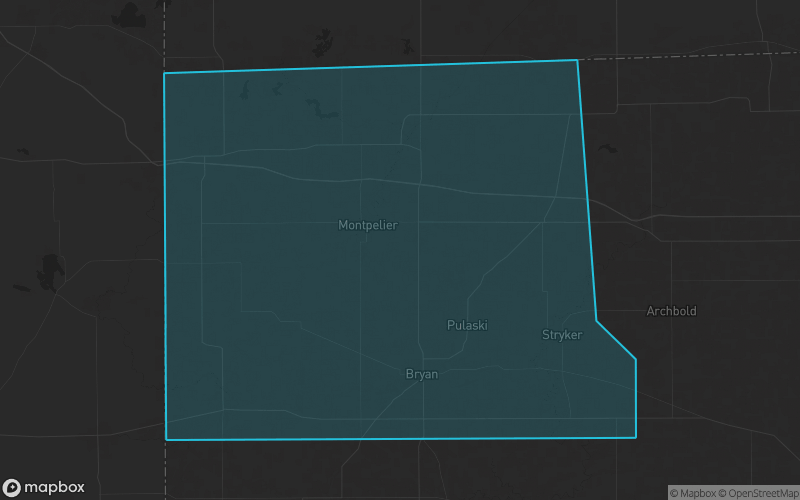 Map of Williams County, Ohio showing the county boundary and surrounding cities