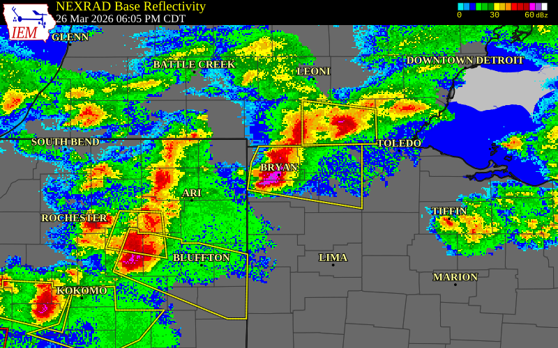 NEXRAD radar during the Thursday, March 26, 2026 storm activity in Williams County, Ohio
