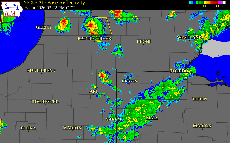 NEXRAD radar during the Tuesday, June 16, 2026 storm activity in Williams County, Ohio