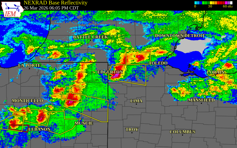 Radar snapshot during the Mar 26, 2026 hail event near 1 NNW Bryan, Williams County, Ohio, with NWS warning polygons