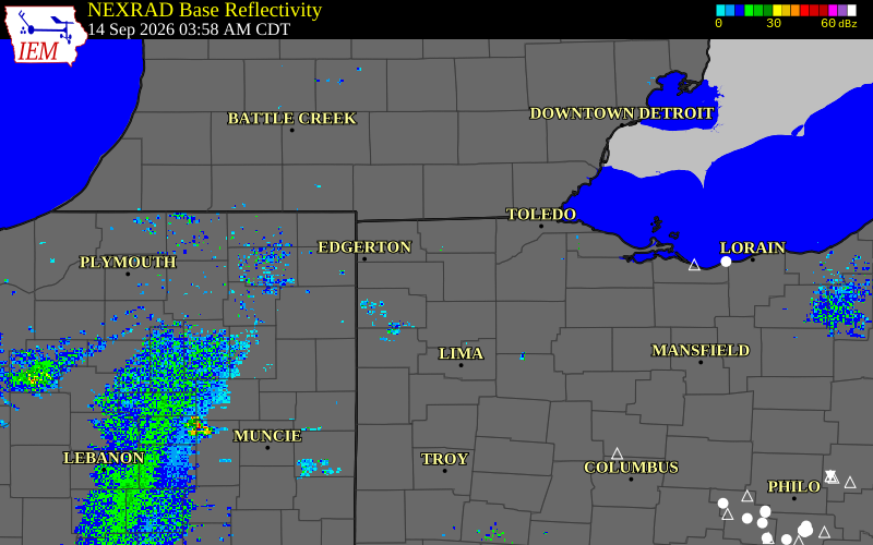 Current NEXRAD radar over Williams County, Ohio with recent storm report locations