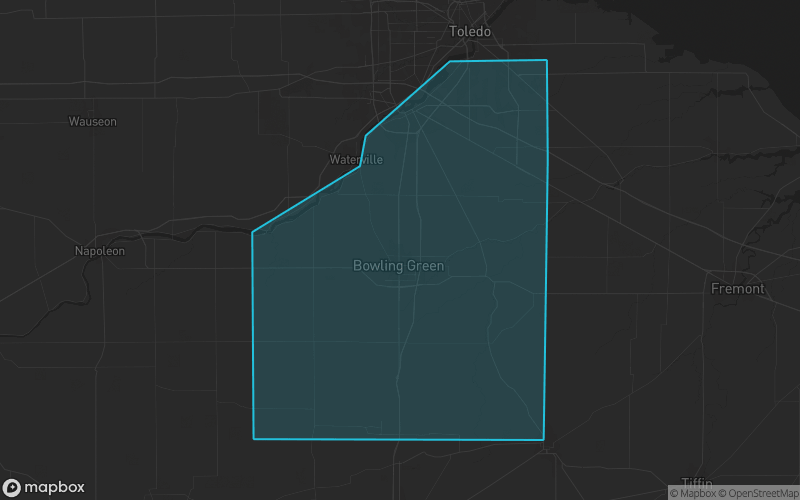Map of Wood County, Ohio showing the county boundary and surrounding cities