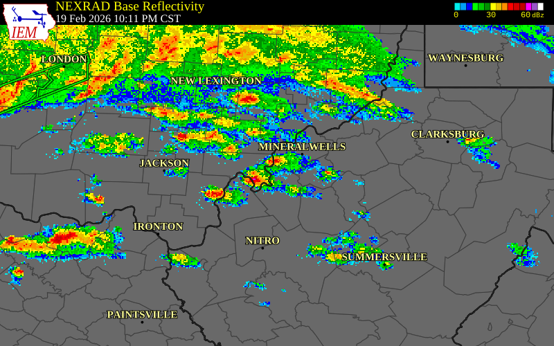 NEXRAD radar during the Thursday, February 19, 2026 storm activity in Wood County, Ohio