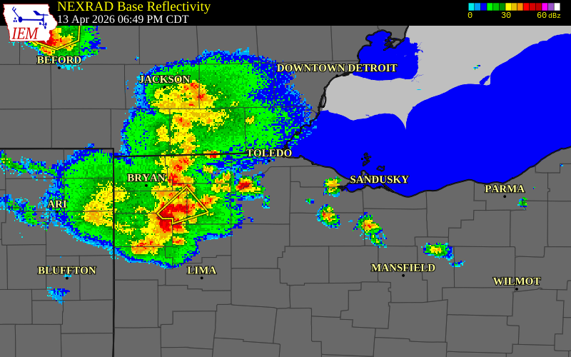 NEXRAD radar during the Monday, April 13, 2026 storm activity in Wood County, Ohio