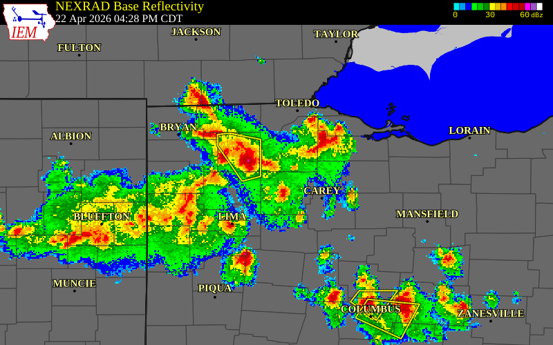 NEXRAD radar during the Wednesday, April 22, 2026 storm activity in Wood County, Ohio