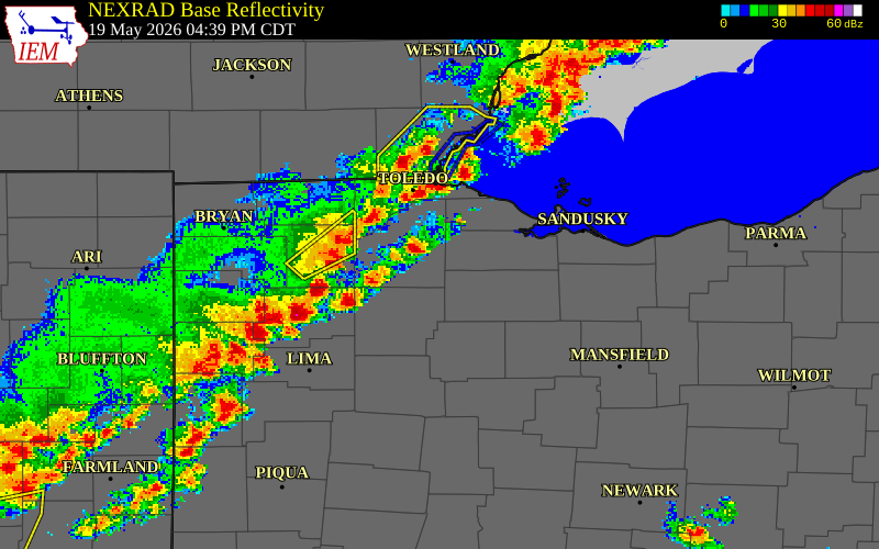 NEXRAD radar during the Tuesday, May 19, 2026 storm activity in Wood County, Ohio