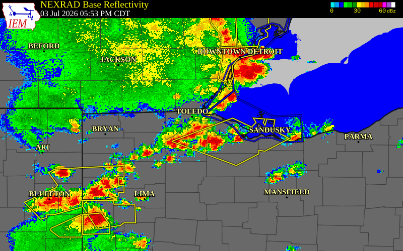 NEXRAD radar during the Friday, July 3, 2026 storm activity in Wood County, Ohio