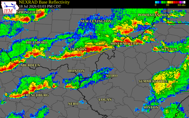 NEXRAD radar during the Saturday, July 18, 2026 storm activity in Wood County, Ohio