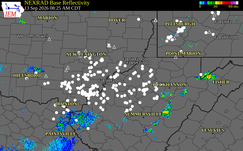 Current NEXRAD radar over Wood County, Ohio with recent storm report locations