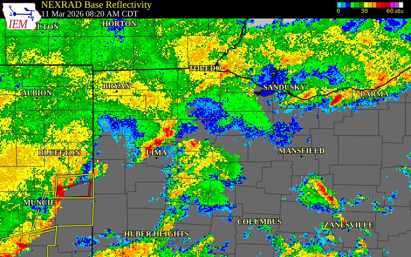 NEXRAD radar during the Wednesday, March 11, 2026 storm activity in Wyandot County, Ohio