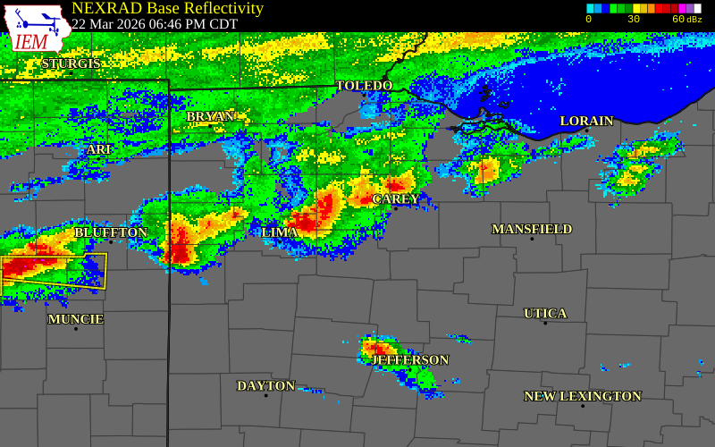 NEXRAD radar during the Sunday, March 22, 2026 storm activity in Wyandot County, Ohio