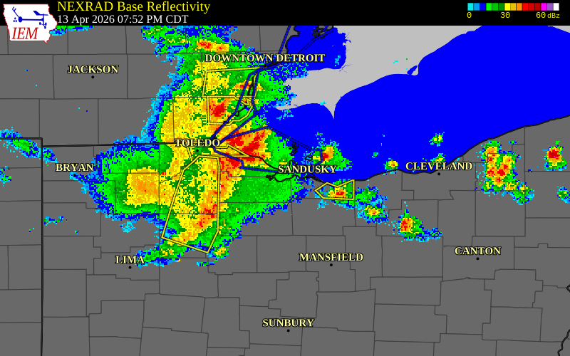NEXRAD radar during the Monday, April 13, 2026 storm activity in Wyandot County, Ohio