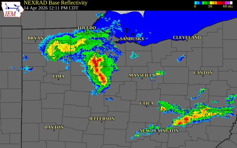 NEXRAD radar during the Tuesday, April 14, 2026 storm activity in Wyandot County, Ohio