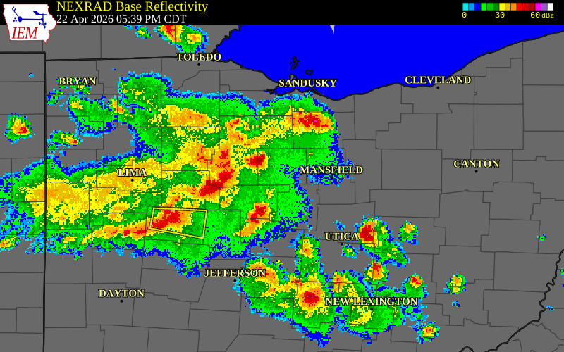 NEXRAD radar during the Wednesday, April 22, 2026 storm activity in Wyandot County, Ohio