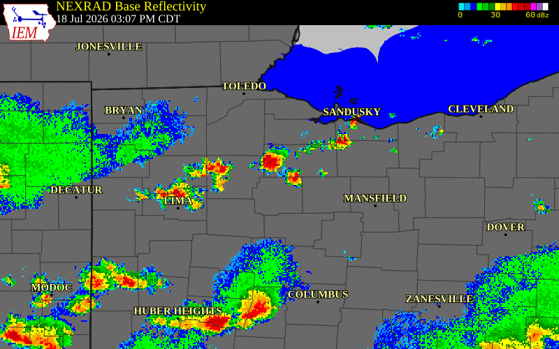 NEXRAD radar during the Saturday, July 18, 2026 storm activity in Wyandot County, Ohio