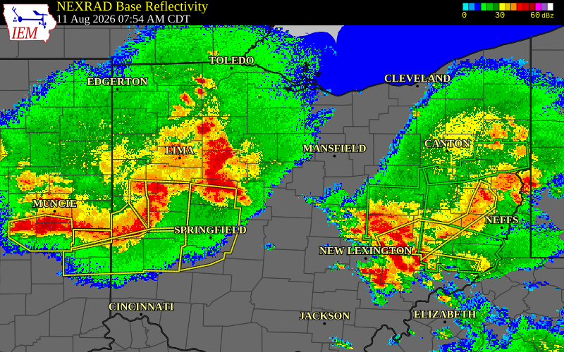 Radar snapshot during the Aug 11, 2026 wind event near Wyandot County, Wyandot County, Ohio, with NWS warning polygons
