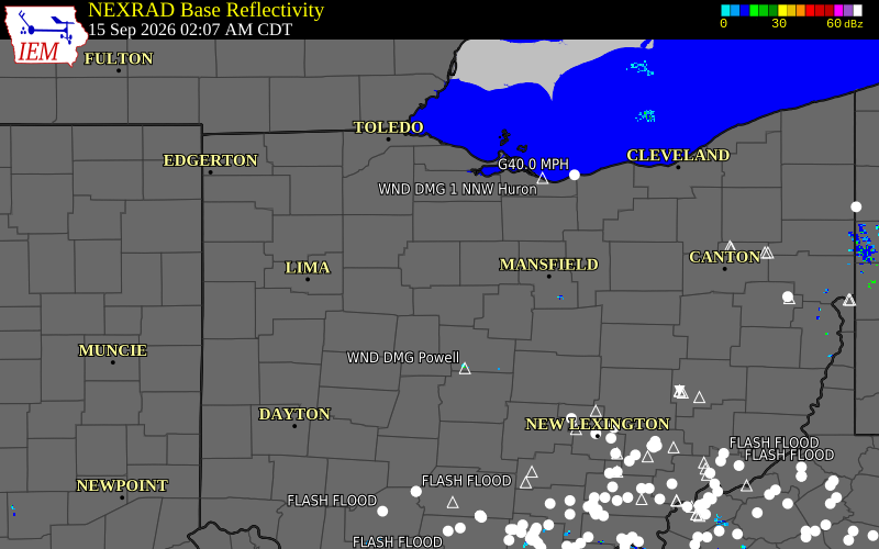 Current NEXRAD radar over Wyandot County, Ohio with recent storm report locations