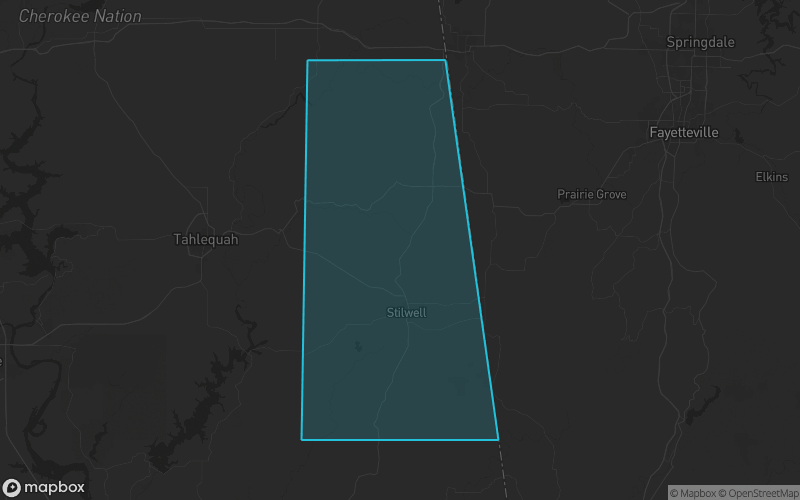Map of Adair County, Oklahoma showing the county boundary and surrounding cities