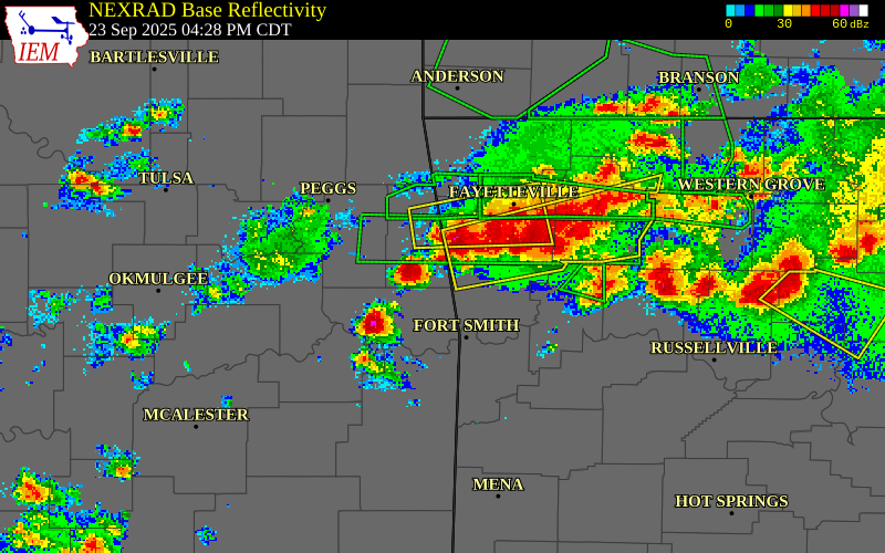 NEXRAD radar during the Tuesday, September 23, 2025 storm activity in Adair County, Oklahoma