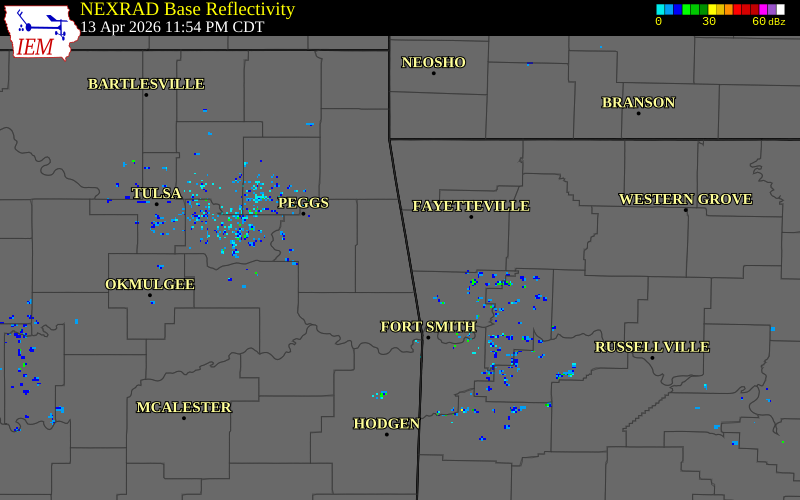 NEXRAD radar during the Monday, April 13, 2026 storm activity in Adair County, Oklahoma
