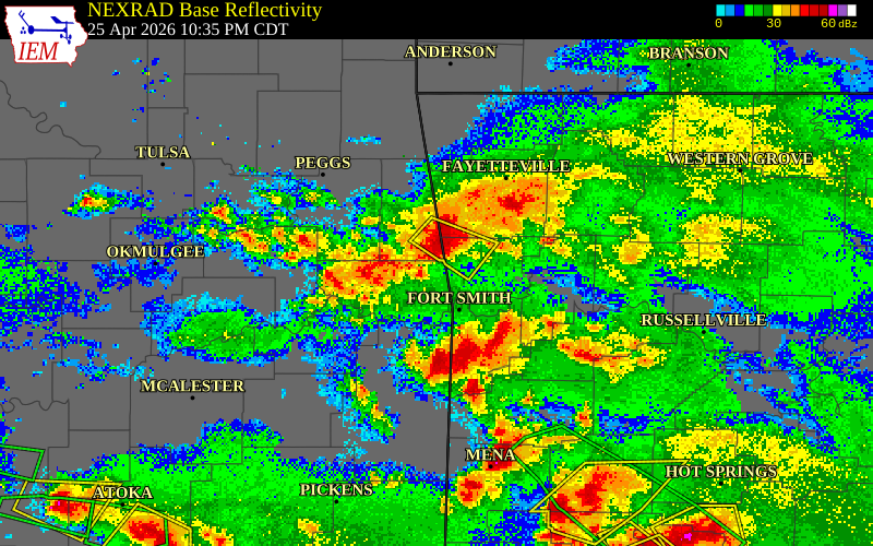 NEXRAD radar during the Saturday, April 25, 2026 storm activity in Adair County, Oklahoma