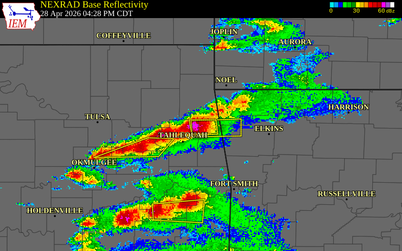 NEXRAD radar during the Tuesday, April 28, 2026 storm activity in Adair County, Oklahoma