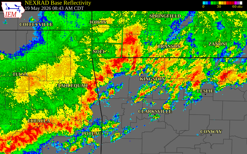 NEXRAD radar during the Tuesday, May 19, 2026 storm activity in Adair County, Oklahoma