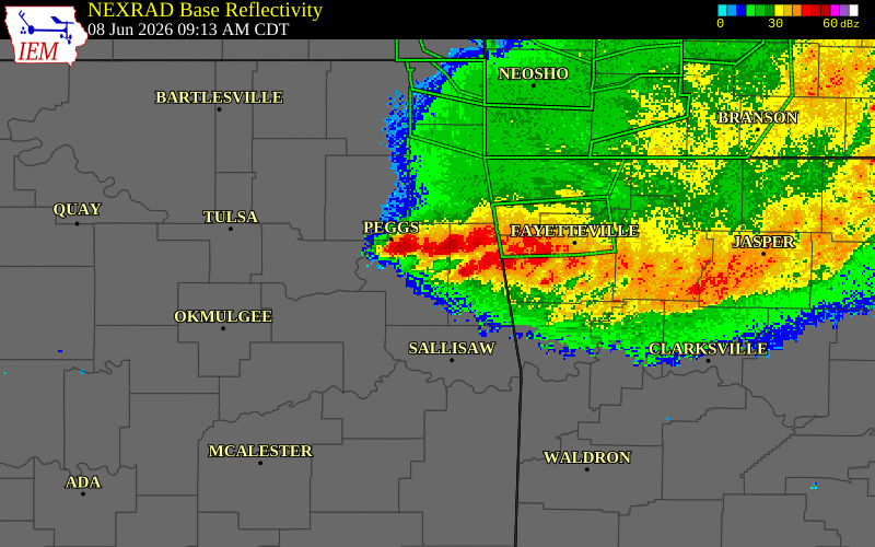 NEXRAD radar during the Monday, June 8, 2026 storm activity in Adair County, Oklahoma
