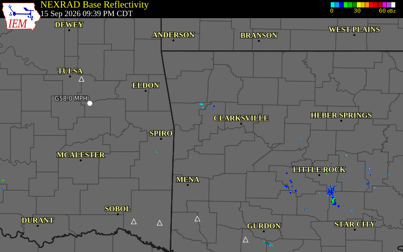Current NEXRAD radar over Adair County, Oklahoma with recent storm report locations