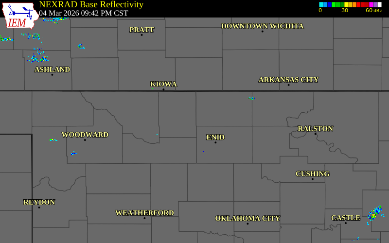 NEXRAD radar during the Wednesday, March 4, 2026 storm activity in Alfalfa County, Oklahoma