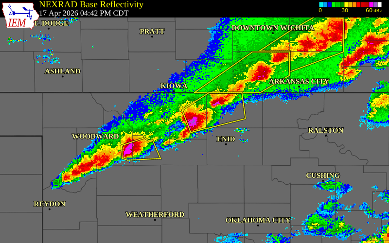 NEXRAD radar during the Friday, April 17, 2026 storm activity in Alfalfa County, Oklahoma