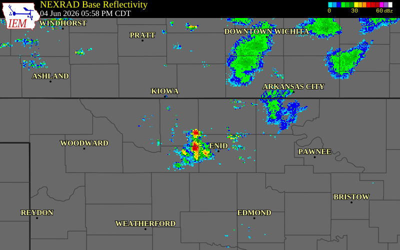 NEXRAD radar during the Thursday, June 4, 2026 storm activity in Alfalfa County, Oklahoma